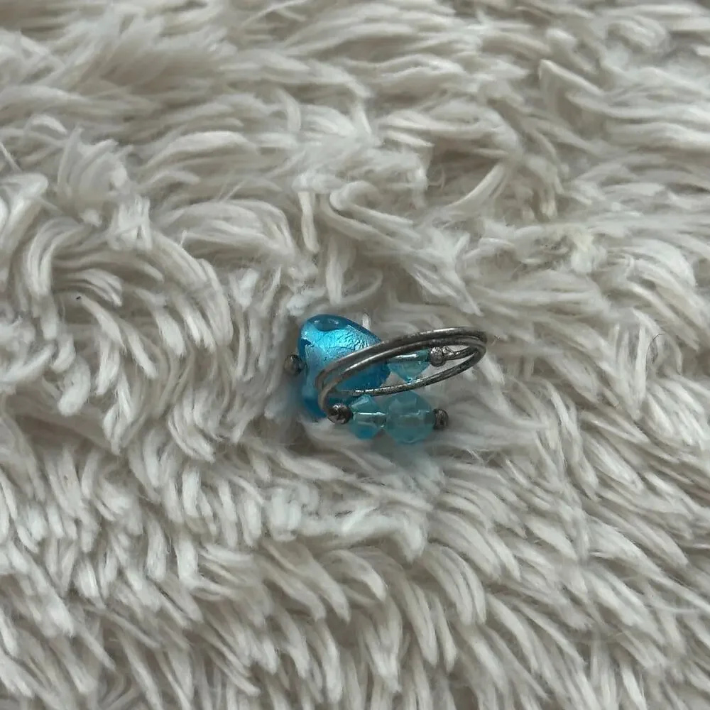 Silver Blue Beaded Ring Fashion Jewelry Iridescent Artisan Made